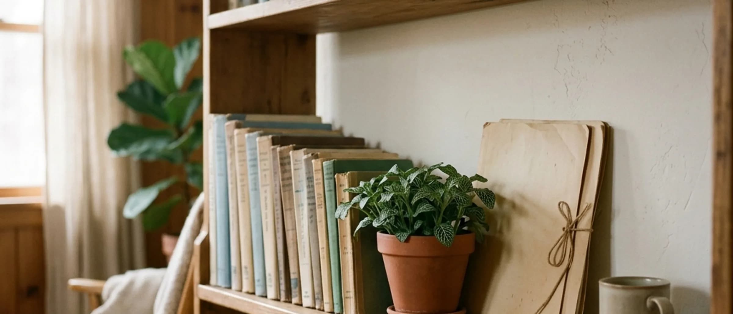 A warm home bookshelf with a row of books, a small potted plant and a couple of paper folders.