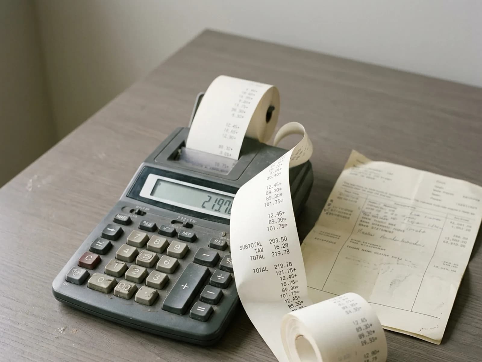 A desktop calculator with paper tape on a desk beside a folded statement.